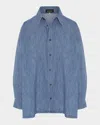 Eskandar Angled-to-front Side Seam Denim Shirt With Collar (long Length)
