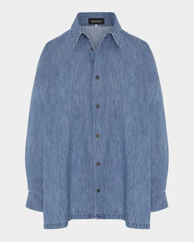 Eskandar Angled-to-front Side Seam Denim Shirt With Collar (long Length)