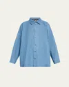 Eskandar Angled-to-front Side Seam Denim Shirt With Collar (long Length)