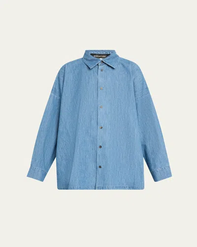 Eskandar Angled-to-front Side Seam Denim Shirt With Collar (long Length)