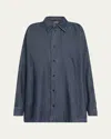 Eskandar Angled-to-front Side Seam Denim Shirt With Collar (long Length) In Blue