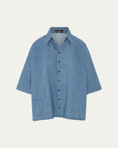 Eskandar Button-down Trapeze Cotton Denim Shirt In Blue