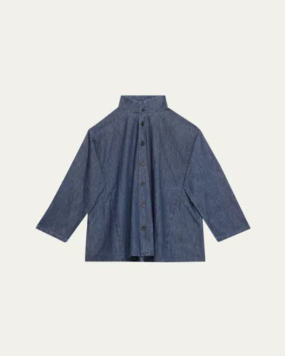 Eskandar Caucasus Denim Notch Collar Jacket (long Length) In Jeandark