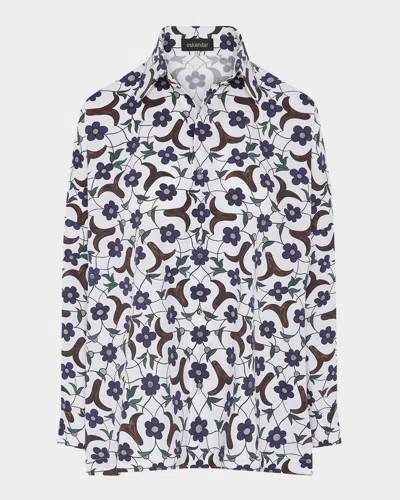 Eskandar Cotton Buds Flowers Tile-print Wide Longer-back Shirt With Collar (mid Plus Length) In Multi