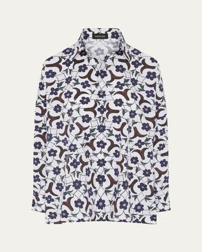 Eskandar Cotton Buds Flowers Tile-print Wide Longer-back Shirt With Collar (mid Plus Length) In Multi