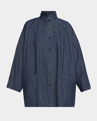 Eskandar Denim Double Stand-collar Shirt In Blue