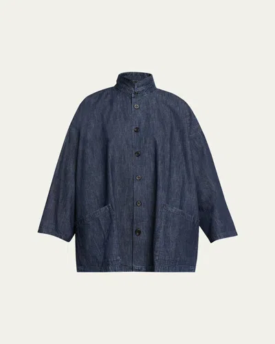 Eskandar Cotton Denim Angle To Front Double Stand Collar Jacket - Long Length In Jean Dark