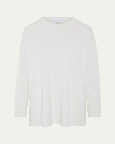 Eskandar Cotton Jersey Long Sleeve Smaller Round Neck Top - Long Length In White
