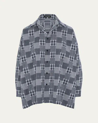 Eskandar Cotton Patchwork Slim A-line Shirt In Navy Dark