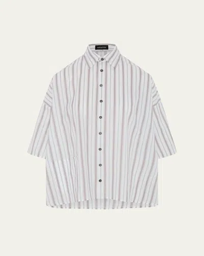 Eskandar Cotton Sloped Shoulder Wide A-line Short Sleeve Shirt With Collar - Mid Plus Length In Grey/blue