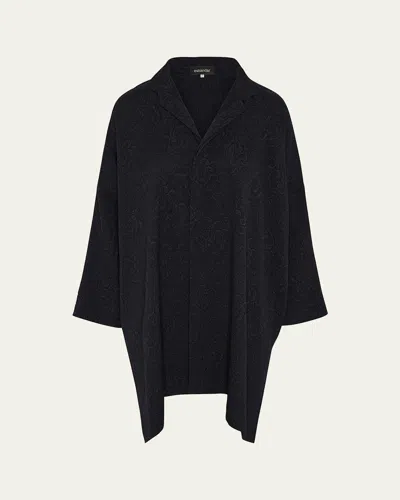 Eskandar Damask Cloque Wide Longer-back Double Stand-collar Shirt With Slits (very Long Length) In Black