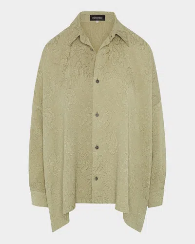 Eskandar Damask Cloque Wide Longer-back Shirt With Collar (mid Plus Length) In Green