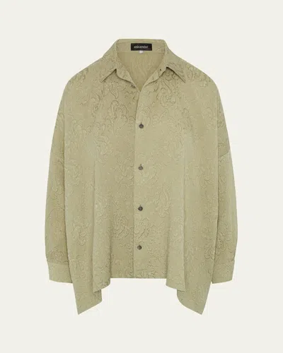 ESKANDAR DAMASK CLOQUE WIDE LONGER-BACK SHIRT WITH COLLAR (MID PLUS LENGTH)