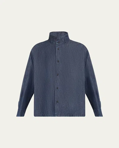 Eskandar Denim Caucasus Notch Collar Jacket (mid Plus Length) In Jeandark