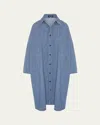 Eskandar Denim Wide A-line Back-pleat Shirtdress With Collar In Blue