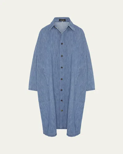 Eskandar Denim Wide A-line Back-pleat Shirtdress With Collar In Blue