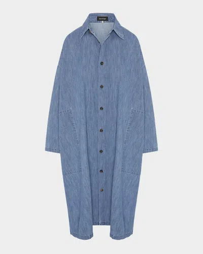 ESKANDAR DENIM WIDE A-LINE BACK-PLEAT SHIRTDRESS WITH COLLAR