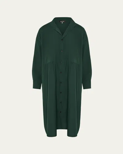 Eskandar Double Stand Collar Midi Shirtdress With Pleated Layer In Green