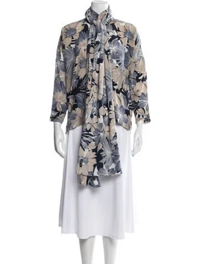 Pre-owned Eskandar Floral Print Tie Neck Top In Blue