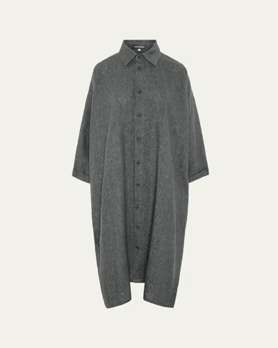 Eskandar Heavyweight Delave Linen Wide A-line Shirt Dress With Collar In Dark Olive