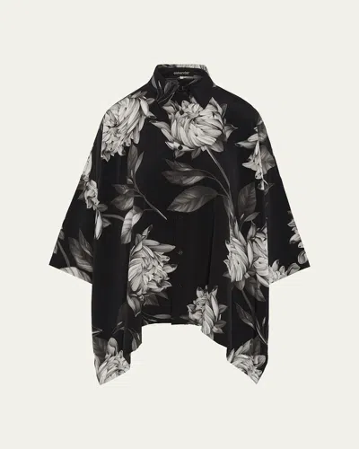 Eskandar Large Peony Silk Print Short-sleeve Shirt With Collar (mid Plus Length) In Blue