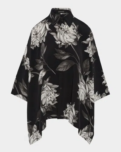 ESKANDAR LARGE PEONY SILK PRINT SHORT-SLEEVE SHIRT WITH COLLAR (MID PLUS LENGTH)