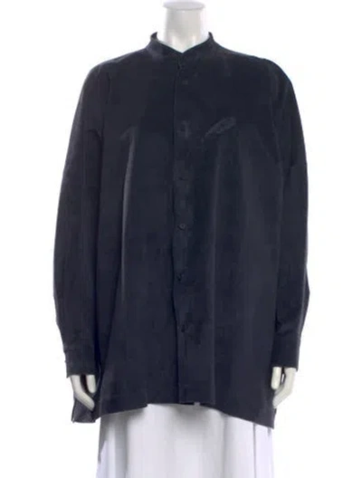 Pre-owned Eskandar Leather Long Sleeve Button-up Top In Blue