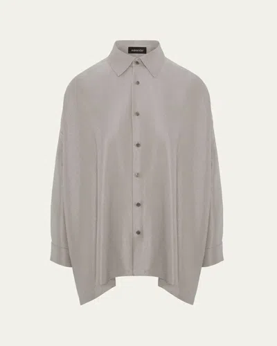 Eskandar Lightweight Silk Plisse Wide A-line Shirt With Collar - Mid Plus Length In Gray