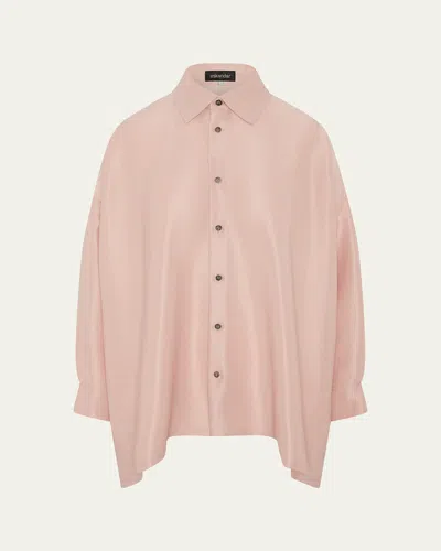 Eskandar Lightweight Silk Plisse Wide A-line Shirt With Collar - Mid Plus Length In Pink