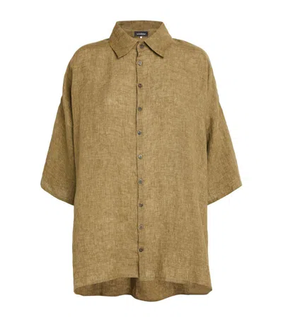 Eskandar Sloped Shoulder Wide A-line Linen Shirt With Collar (long Length) In Olivebronze