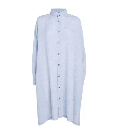 Eskandar Linen Check Longline Shirt In Blue