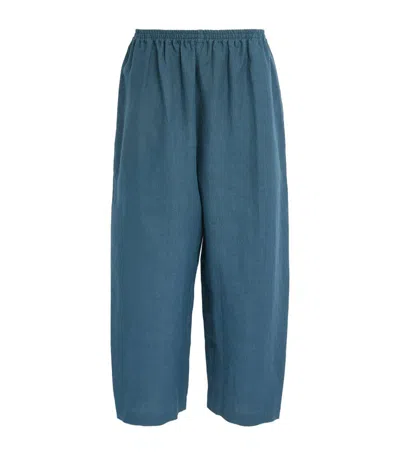 Eskandar Linen Cropped Japanese Trousers In Blue