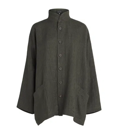 Eskandar Linen Double Stand-collar Longline Jacket In Green