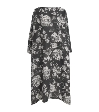 Eskandar Linen Floral Scoop-neck Midi Dress In Black