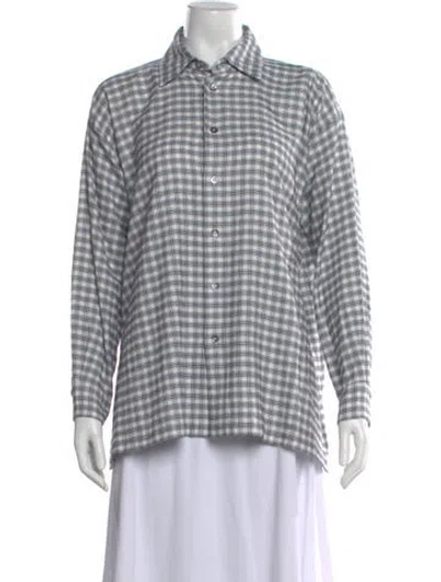 Pre-owned Eskandar Linen Plaid Print Button-up Top W/ Tags In Blue
