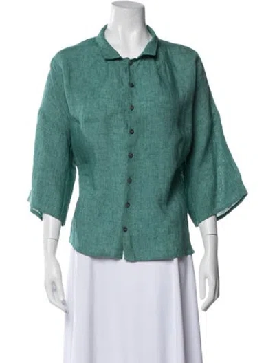 Pre-owned Eskandar Linen Three-quarter Sleeve Button-up Top W/ Tags In Green