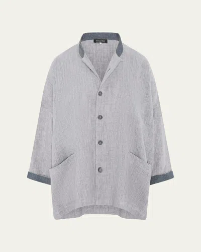 Eskandar Longer Back Wide Mandarin Jacket - Long Length In Stone