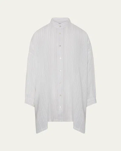 Eskandar Metallic Linen Wide A-line Collarless Shirt - Long Plus Length In White