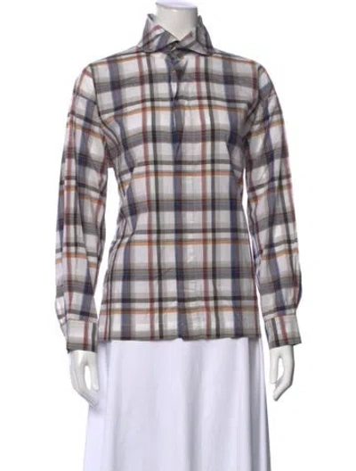 Pre-owned Eskandar Plaid Print Long Sleeve Button-up Top In Neutral