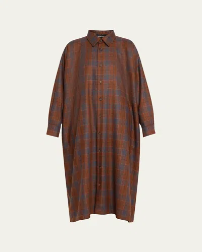 Eskandar Plaid-print Wide A-line Shirtdress In Rustblue