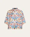 Eskandar Printed Sloped-shoulder Wide A-line Short-sleeve Shirt With Collar (mid Length) In Brightmulti