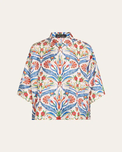 Eskandar Printed Sloped-shoulder Wide A-line Short-sleeve Shirt With Collar (mid Length) In Brightmulti