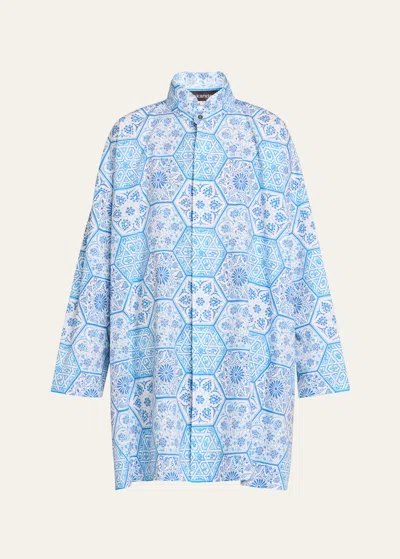 Eskandar Printed Wide A-line Double Stand Collar Shirt (long Plus Length) In Damascusblue