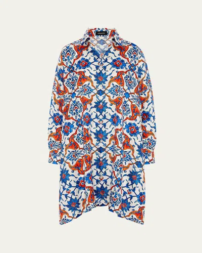 Eskandar Printed Wide Collar Shirt (very Long Length) With Slits In Lapisorange