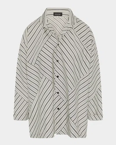 Eskandar Raised Twist Stripe Patchwork Slim A-line Double Stand-collar Shirt With Stepped Insert (long Length