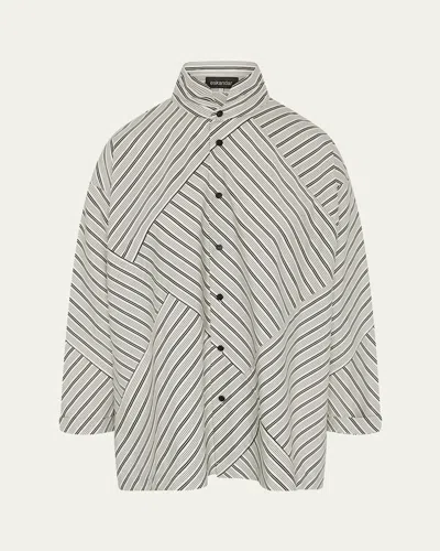 Eskandar Raised Twist Stripe Patchwork Slim A-line Double Stand-collar Shirt With Stepped Insert (long Length