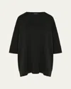 Eskandar Round-neck 3/4-sleeve Top With Hembands (long Length) In Black