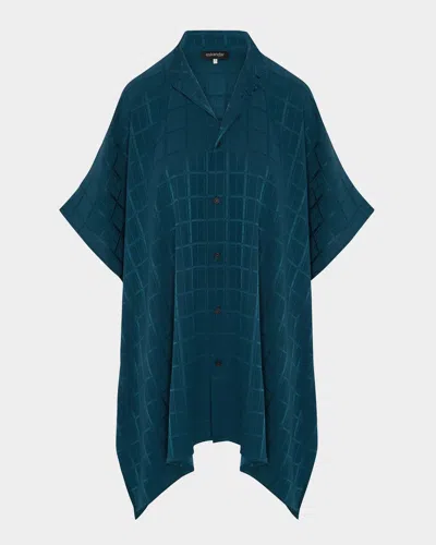 Eskandar Satin Box Check Jacquard Collarless Longer-back Kaftan Shirt (long Plus Length)