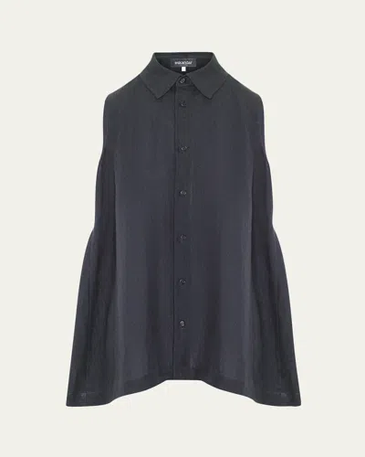 Eskandar Side Pleated Sleeveless Shirt With Collar - Long Length In Blue