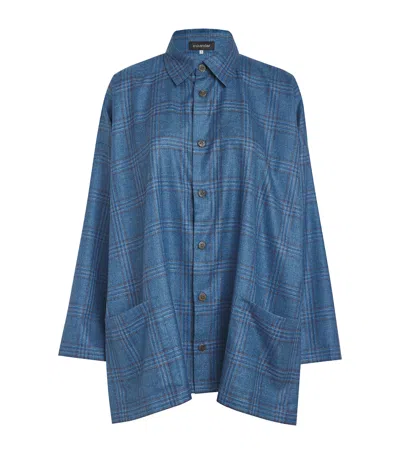 Eskandar Silk-cashmere Wide A-line Shirt Jacket With Collar In Blue